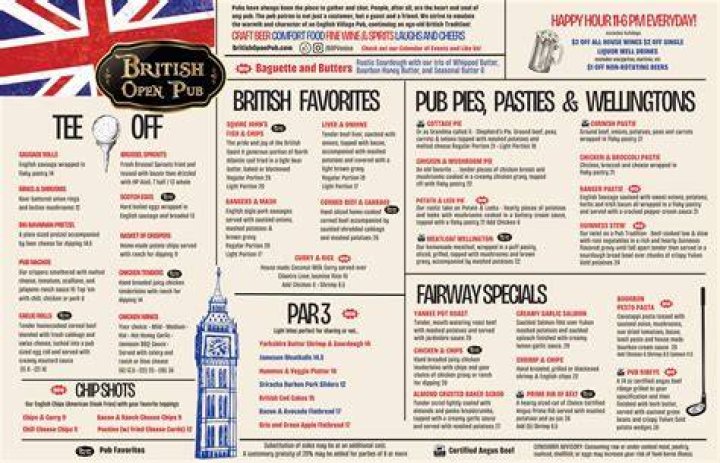 British Open Pub menu in Bonita Springs, Florida, USA