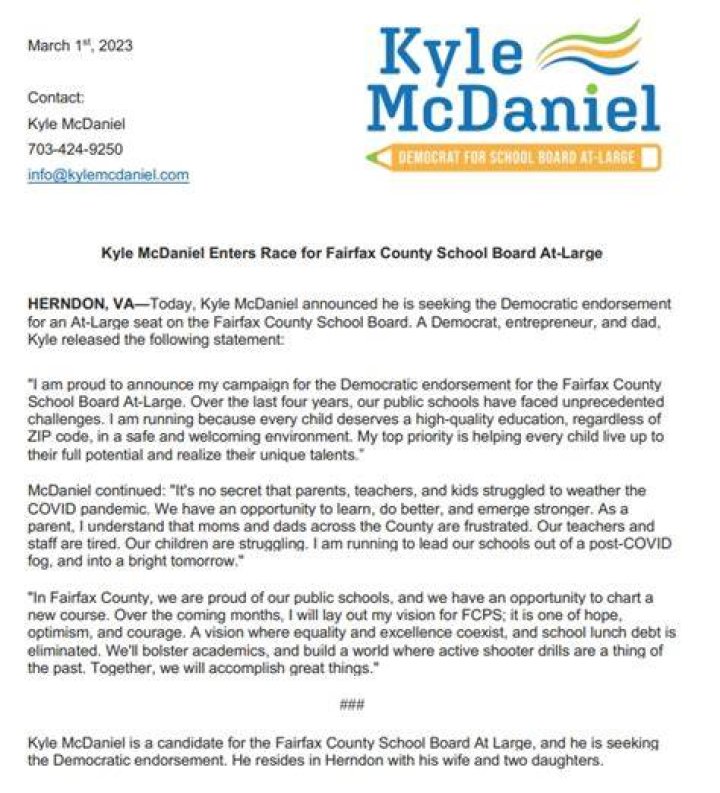 Democrat Kyle McDaniel Enters AtLarge School Board Race In Fairfax
