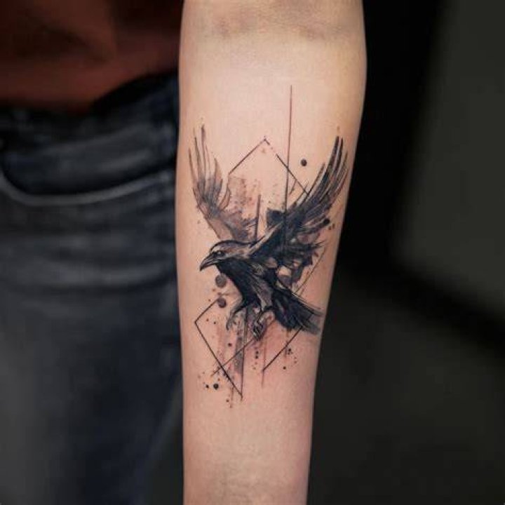 Healed tattoo, geometric / abstract raven on forearm by KOit (Berlin
