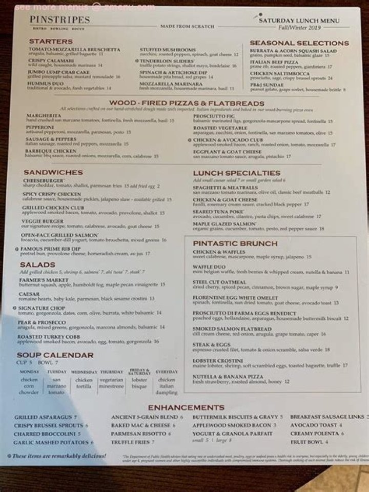 Menu at Pinstripes pub & bar, North Bethesda