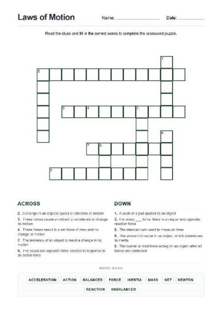 Motion Crossword Puzzle Worksheet Activity Teaching Resources