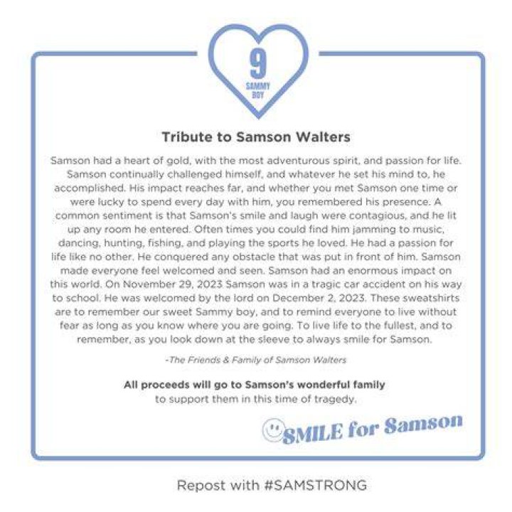 Samson Walters obituary, Best friend honors Hugo teen Whats happened
