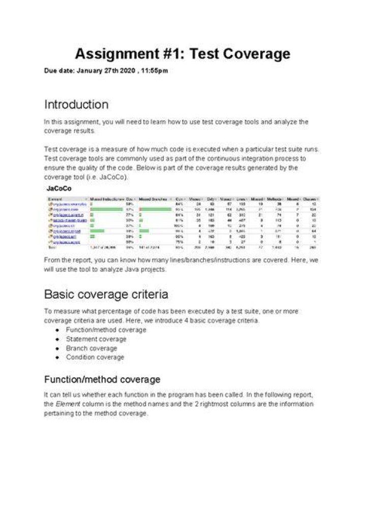 Test coverage professor chang Assignment 1 Test Coverage Due date