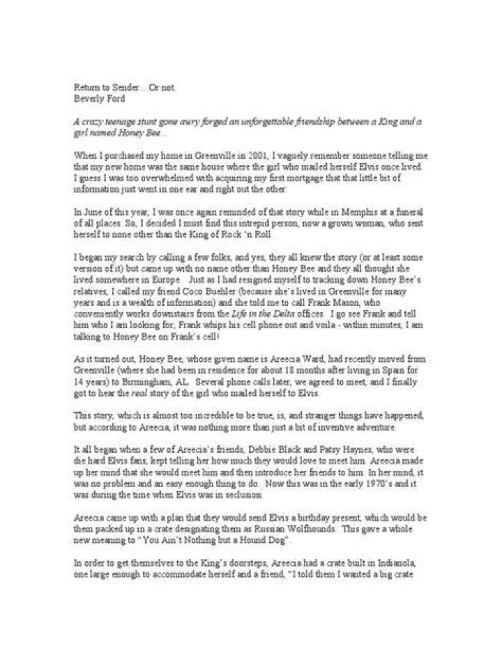 TIL Areecia Ward, a huge fan of Elvis Presley, had actually mailed